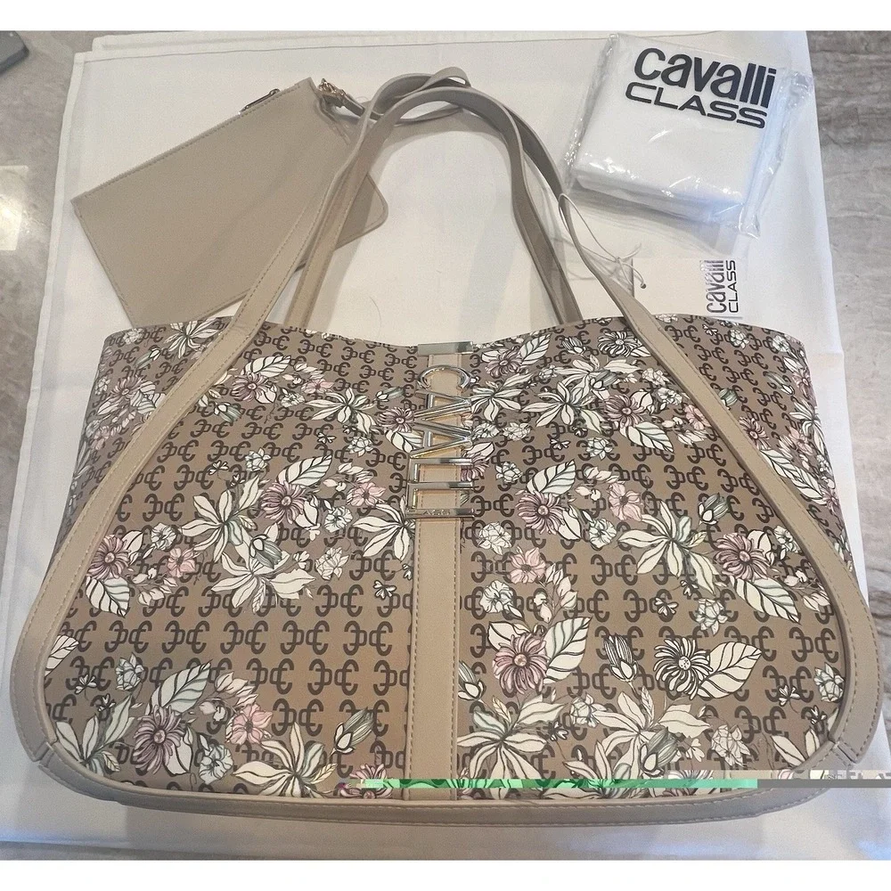 NWT Cavalli Class Large AlleSandra Shopper Tote Bag & Wristlet Floral Gold